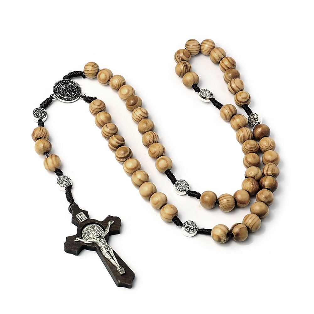 HANRESHE Wooden Beads Rosary Necklace With St. Michael Cross - Catholic Prayer Necklace For Men & Women