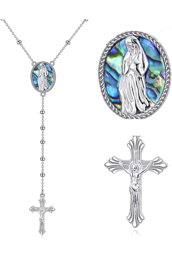 Rosary Necklace Sterling Silver Italian Solid Bead Chain Y Necklace Cross & Rosary Virgin Mary Pendant Catolicos Jewelry Gifts for Women