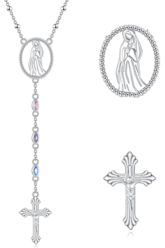 Rosary Necklace Sterling Silver Italian Solid Bead Chain Y Necklace Cross & Rosary Virgin Mary Pendant Catolicos Jewelry Gifts for Women