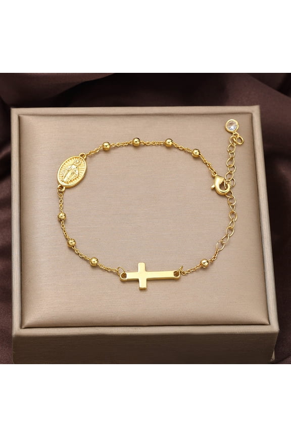 Rosary Virgin Mary Bracelet For Women,Prayer Beads Jewelry 14K Gold Cross Accessories Bracelet Religion Hand Gifts