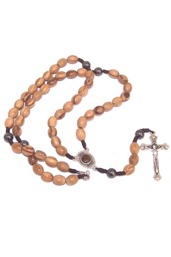 Rosary with Jerusalem Cross center and Hematite beads necklace - comes in velvet bag
