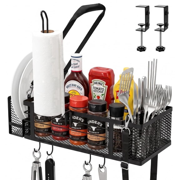 Rosaver Grill Caddy Organizer for Blackstone Griddle, BBQ Tool Storage Basket with Paper Towel Holder, Utensil Holder, Hooks & Carry Strap, Outdoor Cooking Organizer for Patio, Camping, RV