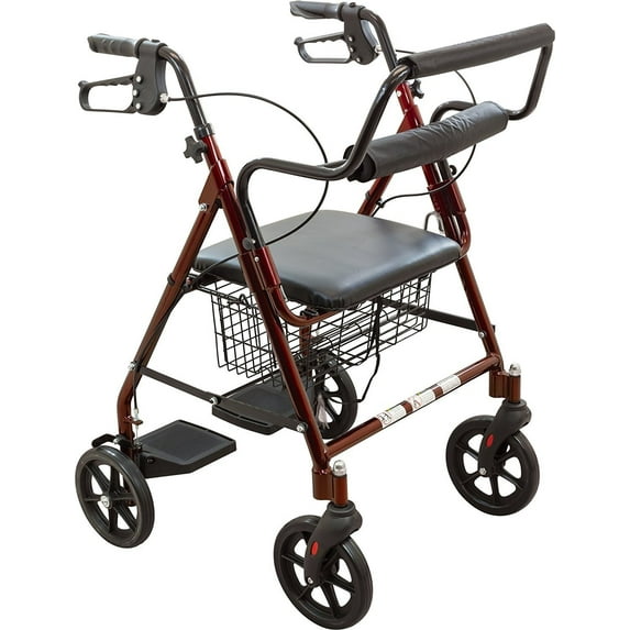 Roscoe Medical 30192 Transport Rollator with Padded Seat, Burgundy