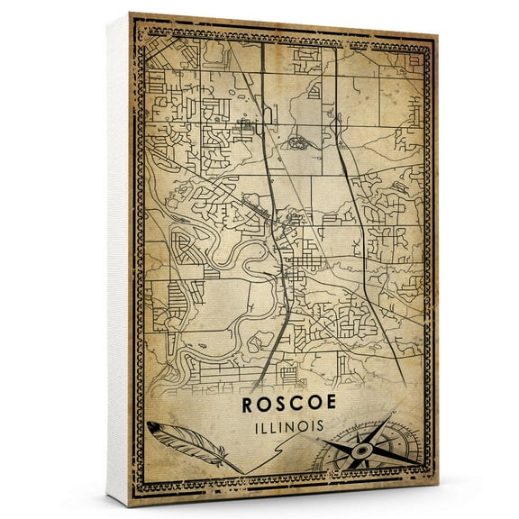 Roscoe Vintage Map Prints Canvas, Ilinois Map Art Canvas, Canvas, Roscoe Map City style vintage Canvas , Canvas Wall Art, Street Map Artwork Canvas