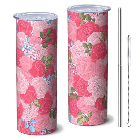 Rose 20 Oz Stainless Steel Skinny Tumbler – Vacuum Insulated Slim Travel Cup with Lid & Stainless Steel Straw, 360° Full Wrap Printed Tumbler for Home, Office & Outdoor Use, Spring, Floral