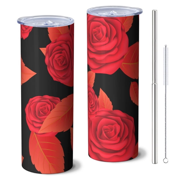 Rose 20 Oz Stainless Steel Skinny Tumbler – Vacuum Insulated Slim Travel Cup with Lid & Stainless Steel Straw, 360° Full Wrap Printed Tumbler for Home, Office & Outdoor Use, Spring, Floral