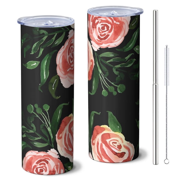 Rose 20 Oz Stainless Steel Skinny Tumbler – Vacuum Insulated Slim Travel Cup with Lid & Stainless Steel Straw, 360° Full Wrap Printed Tumbler for Home, Office & Outdoor Use, Spring, Floral