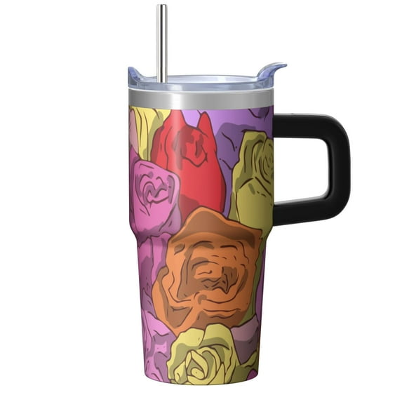 Rose 20oz Stainless Steel Tumbler with Handle and Straw – Insulated Travel Cup with Sliding Lid, 360° Full Wrap Printed Mug for Home, Outdoor & Sports Use, Flower