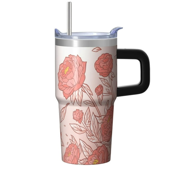 Rose 20oz Stainless Steel Tumbler with Handle and Straw – Insulated Travel Cup with Sliding Lid, 360° Full Wrap Printed Mug for Home, Outdoor & Sports Use, Flower