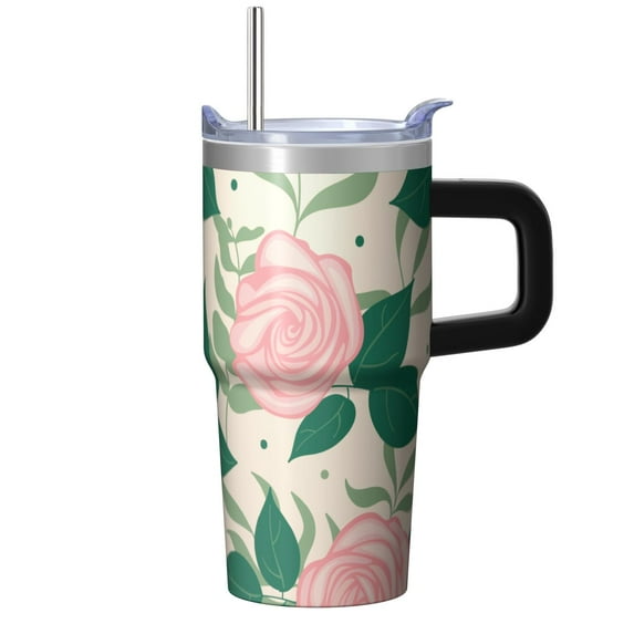 Rose 20oz Stainless Steel Tumbler with Handle and Straw – Insulated Travel Cup with Sliding Lid, 360° Full Wrap Printed Mug for Home, Outdoor & Sports Use, Flower