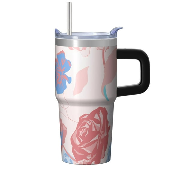 Rose 20oz Stainless Steel Tumbler with Handle and Straw – Insulated Travel Cup with Sliding Lid, 360° Full Wrap Printed Mug for Home, Outdoor & Sports Use, Flower