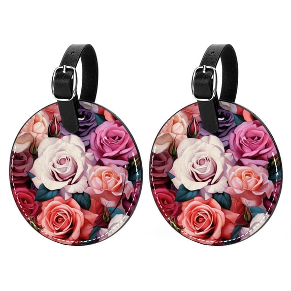 Rose 2pcs PU Leather Round Bag Tags with Privacy Cover and Name ID Tag - Suitcase Tags for Travel Luggage, Handbags, Backpacks, School Bags