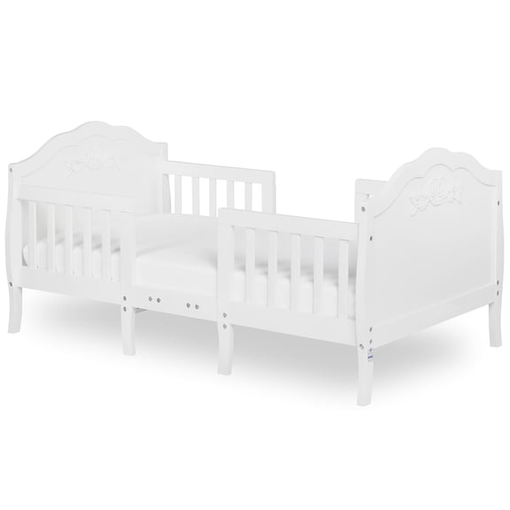 Rose 3-in-1 Convertible Toddler Bed in White, Greenguard Gold Certified, JPMA Certified, Safety Rails, Made of Sustainable New Zealand Pinewood