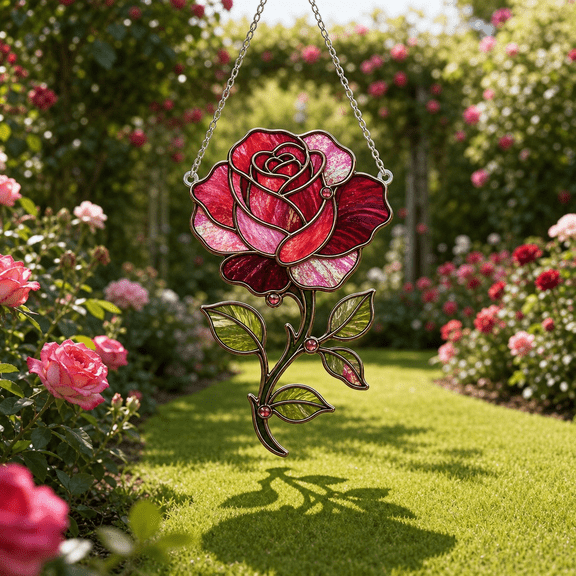 Rose Acrylic Suncatcher Window Hanging Gift for Mom, Stained Glass Style Garden Decor