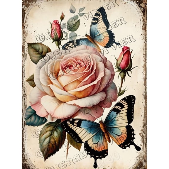 Rose And Butterfly Retro Aluminum Sign 5.5x8 IN Metal Sign Garden Flower Farmhouse Wall Decor Antique Living Room Decor Garden Tin Signs for Cafes Club Pub Man Cave Wall Sign Gifts