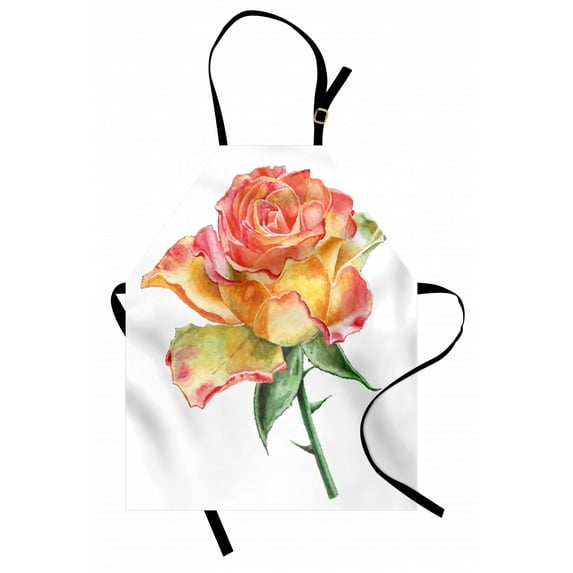 Rose Apron Hand Drawn Rose in Watercolors Lively Petals Botanical Floral Inspiration, Unisex Kitchen Bib Apron with Adjustable Neck for Cooking Baking Gardening, Green Orange Coral, by Ambesonne