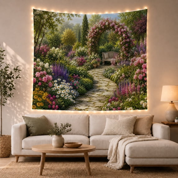 Rose Arch Garden with Winding Stone Path, Serene Illustration for Flower Lovers, Botanical Wall Art, Housewarming Gift, Tapestry Wall Hanging for Bedroom and Living Room