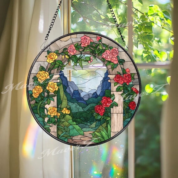 Rose Archway Glass Suncatcher, Floral Garden Window Hanging, Cottagecore, 3.5 in