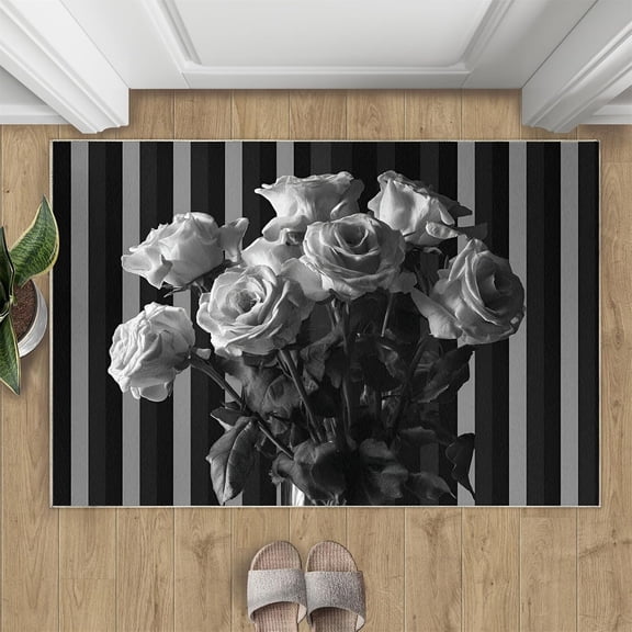 Rose Area Rug - Black and White Area Rugs for Entryway, 2x3 Rug, Stripes Washable Rugs for Bedroom, Floral Carpet, Aesthetics Carpet - Rose Home Decor Gifts for Women