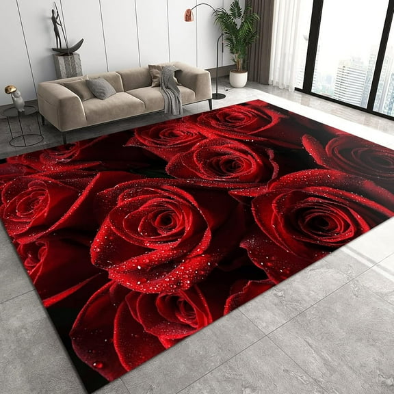 Rose Area Rugs, Red Bright Flower Carpet, Distressed Carpet Non-Shedding With Backing Easy Cleaning Apply To Entryway Hallway Bath Mat 3x5ft
