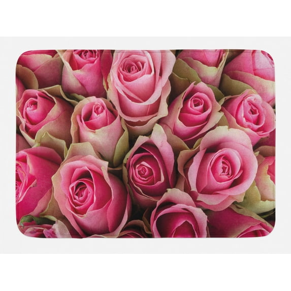 Rose Bath Mat, Blooming Fresh Pink Roses Festive Bridal Bouquet Romance Sweetheart Valentine, Non-Slip Plush Mat Bathroom Kitchen Laundry Room Decor, 29.5 X 17.5 Inches, Pink Pale Green, Ambesonne