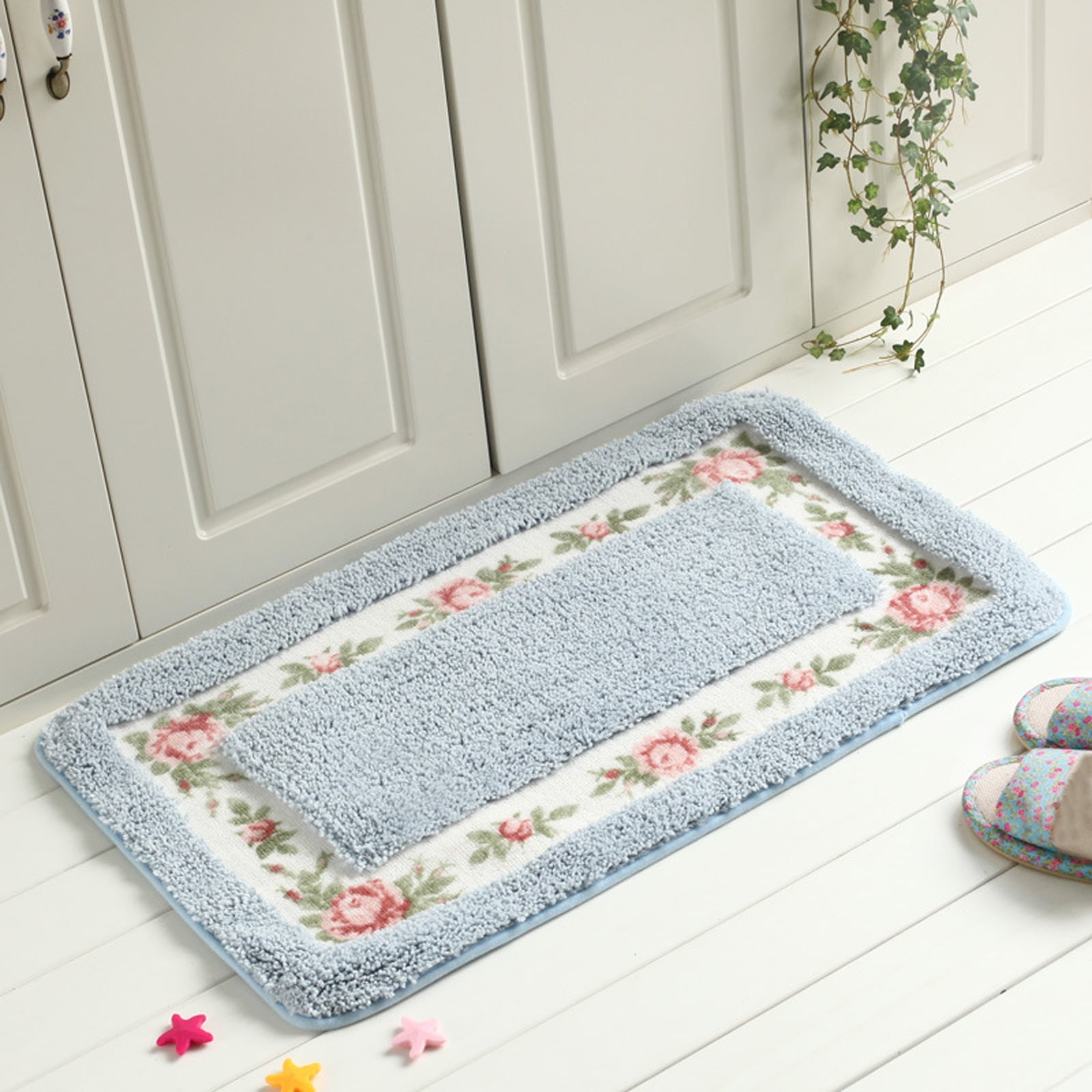 Rose Bathroom Rugs 1 Piece, Polyester Bath Shower Mat NonSkid Absorbent Shaggy Toilet Floor Rug