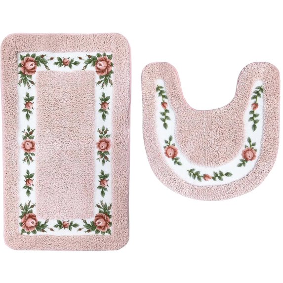 Rose Bathroom Rugs 1 Piece, Polyester Bath Shower Mat Non-Skid Absorbent Shaggy Toilet Floor Rug - Green