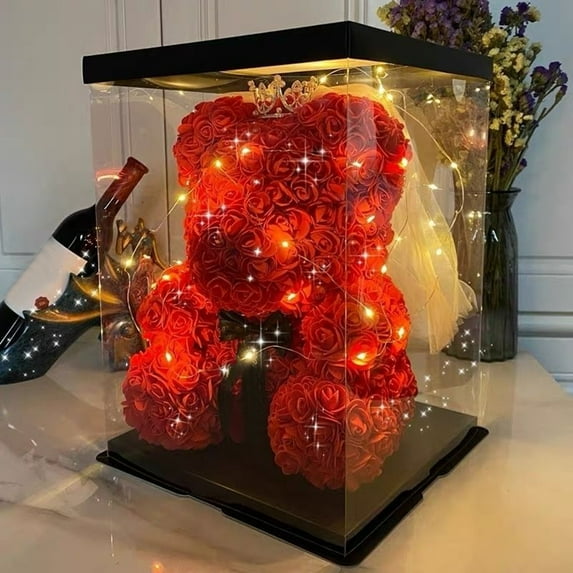 Rose Bear Gift 11-inch Artificial Flower Rose Bear with LED Light Valentine's Day Preserved Flowers Bear Gift for Lover Partner Friend