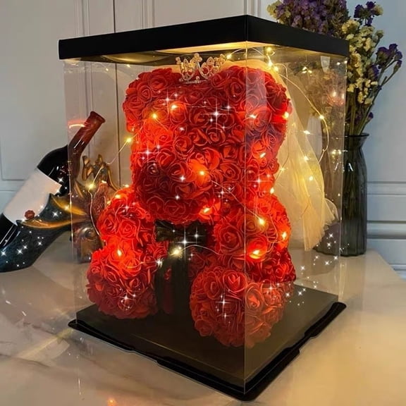 Rose Bear Gift 11-inch Artificial Flower Rose Bear with LED Light Valentine's Day Preserved Flowers Bear Gift for Lover Partner Friend