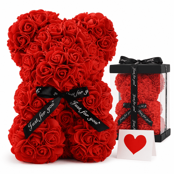 Rose Bear Gift for Women, Decorative Flower Teddy Bear with Gift Box and Card, Flower Bear Gifts for Girlfriend Mom, Valentines Day Mothers Day Gifts