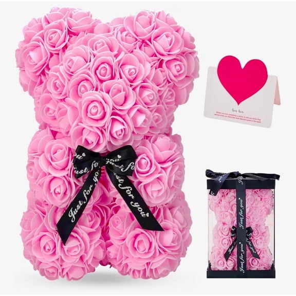 Rose Bear Teddy Made of Artificial Roses, Rose 10 Inch Flower Bear Gift with Transparent Gift Box, Romantic Décor for Valentine’s Day, Wedding, Anniversary, Mother’s Day