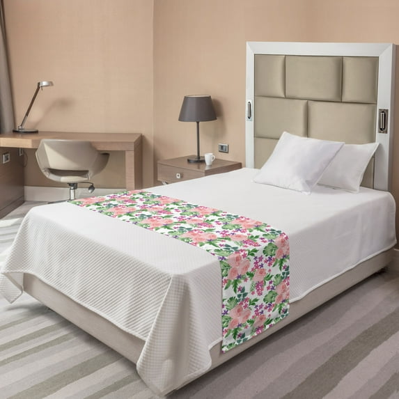 Rose Bed Runner, Pastel Blooms Summer Garden Leaves Revival Bouquets Iris Foliage Pattern, Decorative Accent Bedding Scarf for Hotels Homes and Guestrooms, Twin, Coral and Multicolor, by Ambesonne