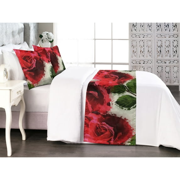 Rose Bed Runner Set, Romantic Blurry Style Effect of English Garden Petals Valentines Themed, Decorative Bedding Scarf & 2 Pillow Shams for Hotels Homes, Queen, Dark Pink Emerald Dust, by Ambesonne