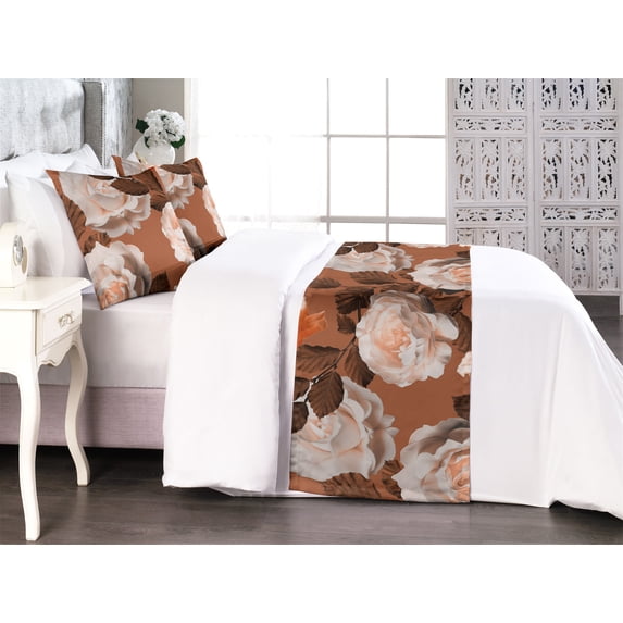 Rose Bed Runner Set, Vintage Warm Tones of Romantic Flowers Blossoming Petals and Leaves, Decorative Bedding Scarf & 2 Pillow Shams for Hotels Homes, Queen, Pale Cinnamon and Redwood, by Ambesonne