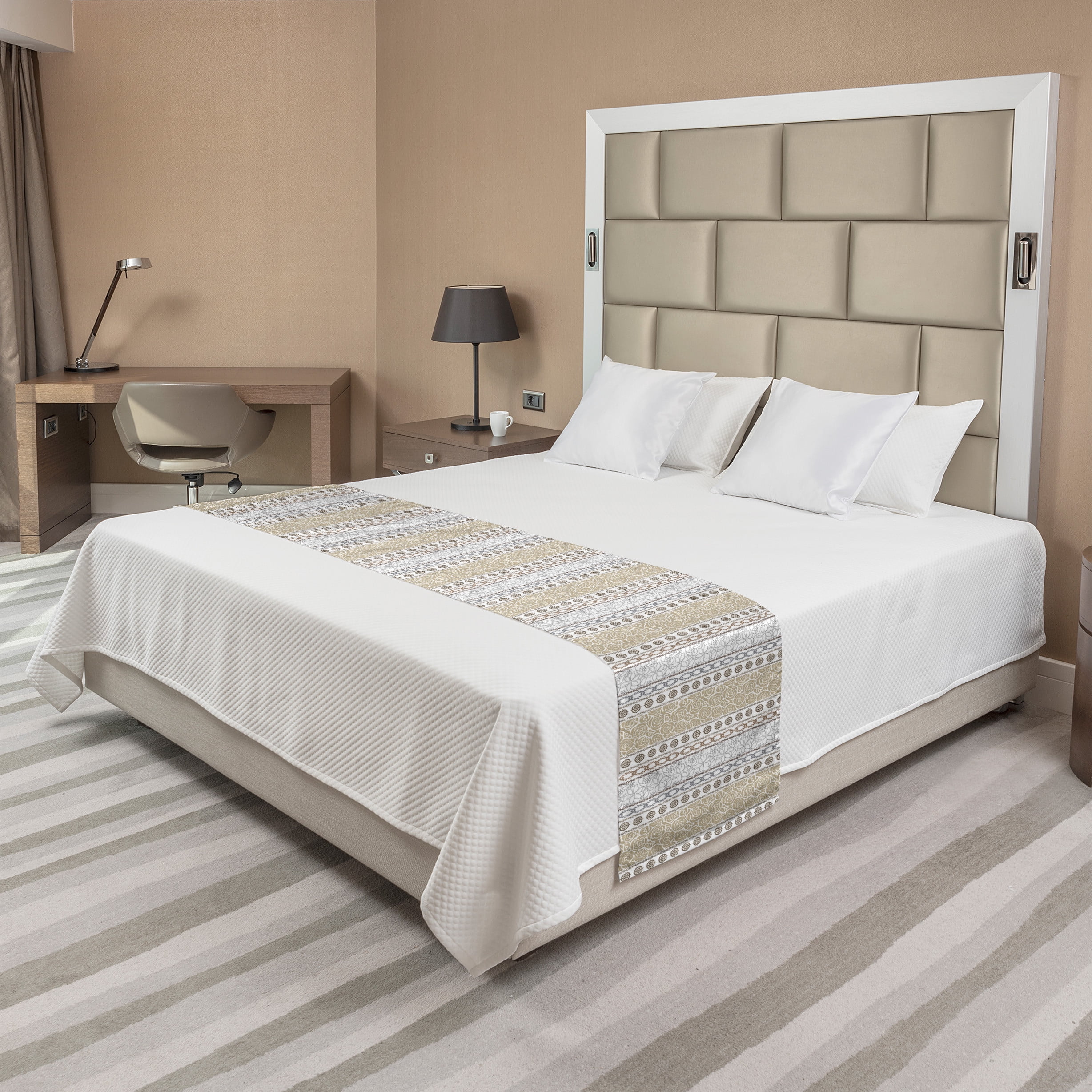 King Gray and Tan Satin Polyester Bed Runner Set