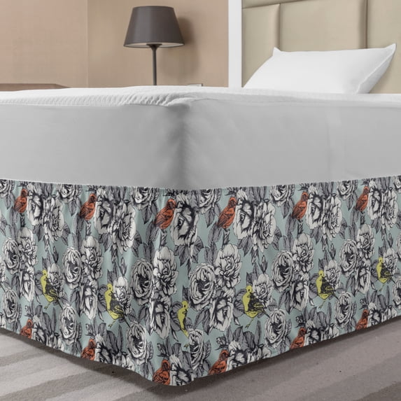 Rose Bed Skirt, Engraved Style Floral Blooms Pattern of Birds Romantic Vintage Print, Elastic Bedskirt Dust Ruffle Wrap Around for Bedding Decor, 4 Sizes, Blue Grey and Multicolor, by Ambesonne