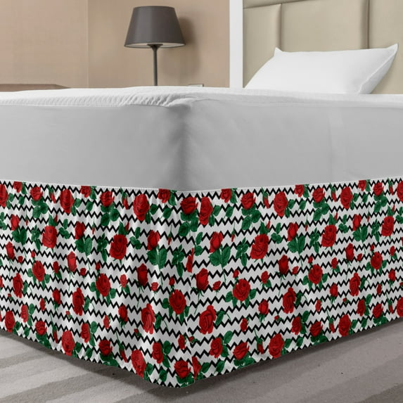 Rose Bed Skirt, Romantic Roses in Full Blossom on Monochrome Chevron Zig Zag Stripes, Elastic Bedskirt Dust Ruffle Wrap Around for Bedding Decor, 4 Sizes, Jade Green Vermilion, by Ambesonne