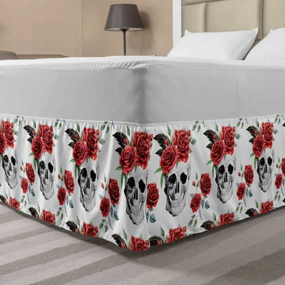 Rose Bed Skirt, Watercolor Art Style Skull with Red Roses and Buds Gothic Halloween Pattern, Elastic Bedskirt Dust Ruffle Wrap Around for Bedding Decor, 4 Sizes, Vermilion Black Green, by Ambesonne