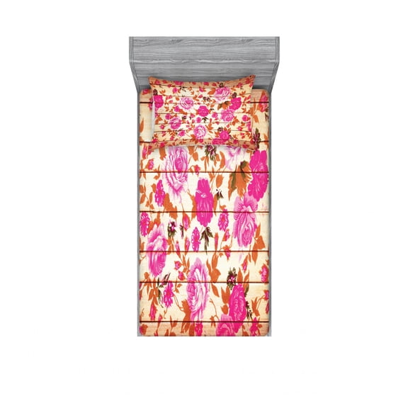 Rose Bedding Set with Sheet & Covers, Vintage Warm Color Roses on Wood Background Well-Being and Love Theme Modern Print, Printed Bedroom Decor 2 Shams, 4 Sizes, Pink Orange, by Ambesonne