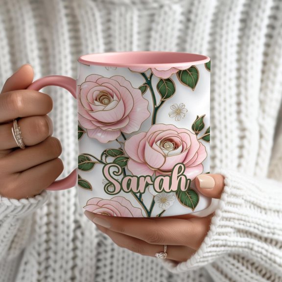 Rose Birth Flower Coffee Mug Stained Glass Floral Design June Birthday Gift