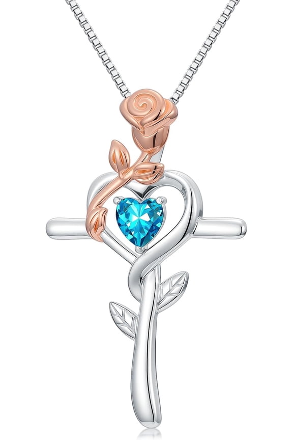 Rose Birthstone Cross Necklace 925 Sterling Silver Cross Jewelry Rose Gifts for Women