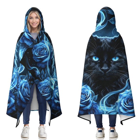 Rose Black Cat Wearable Blanket Hoodies for Women Men Adults Cat Lovers Soft Cozy Blue Roses Cats Hooded Blankets for Travel Home Decor Birthday Gifts 50×60 Inch