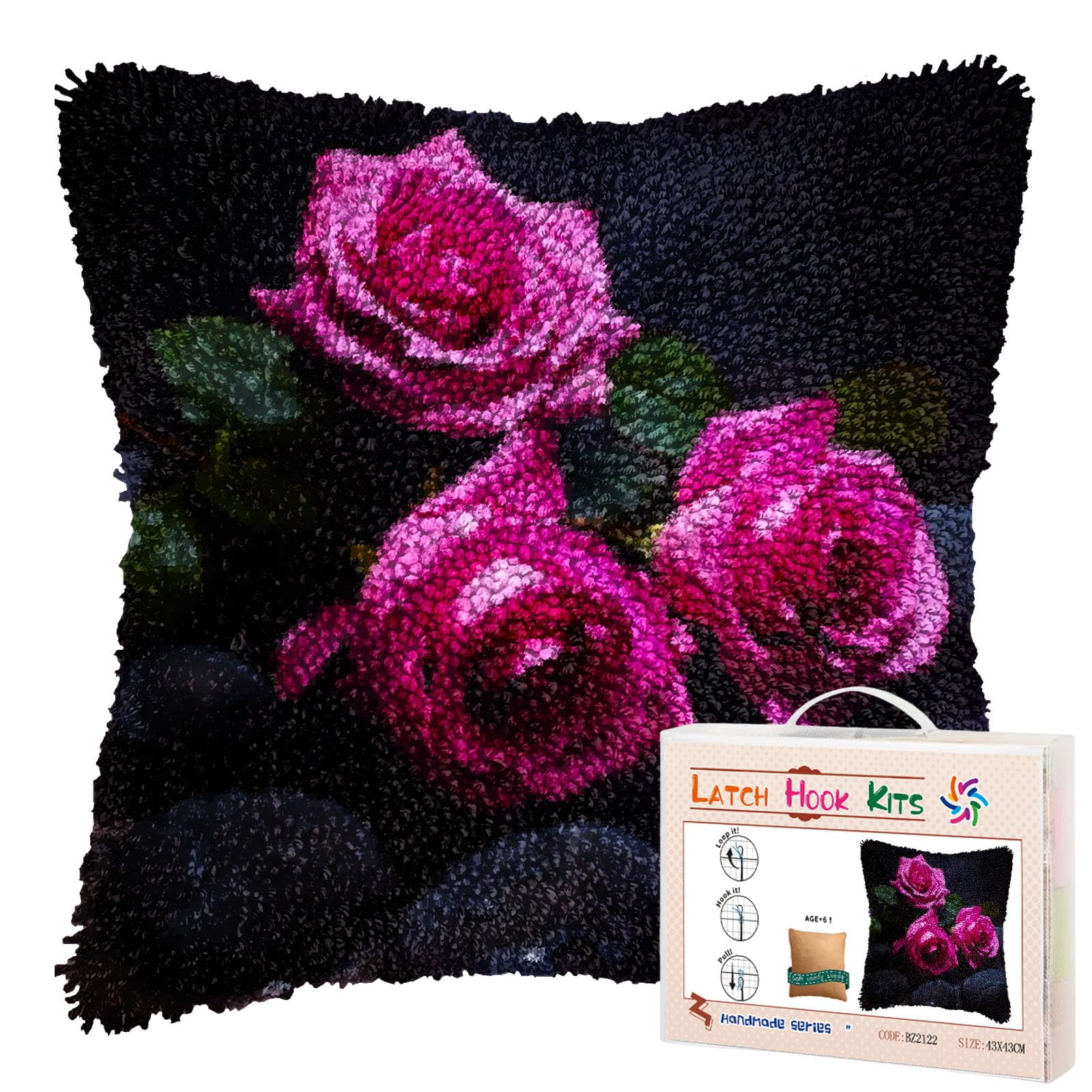 Rose and Black Stones DIY Latch Hook Pillow Kits for Adults Printed Pillowcase Crochet Yarns Hooking Handmade Pillow Cover Cushion for Home Sofa Decoration 17x17inch