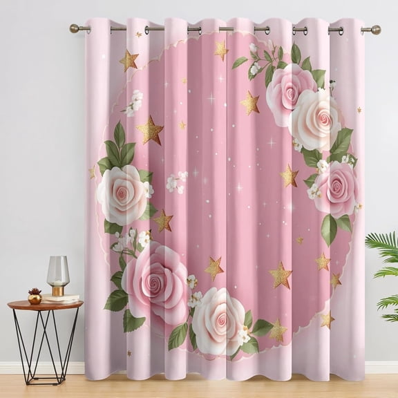Rose Blackout Curtains, Pink Flower Curtains For Living Room, Bedroom, Rustic Floral Grommet Window Treatments 52"W x 96"L