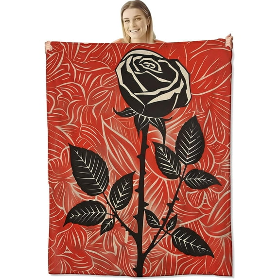 Rose Blanket for Kids and Adults, Dark Flower with Thorn Flannel Throw Blankets, Lightweight Warm Soft Throws for Sofa Couch Bed Office Floral Decor Gifts, SingleSided Printing, 50x60 Inches