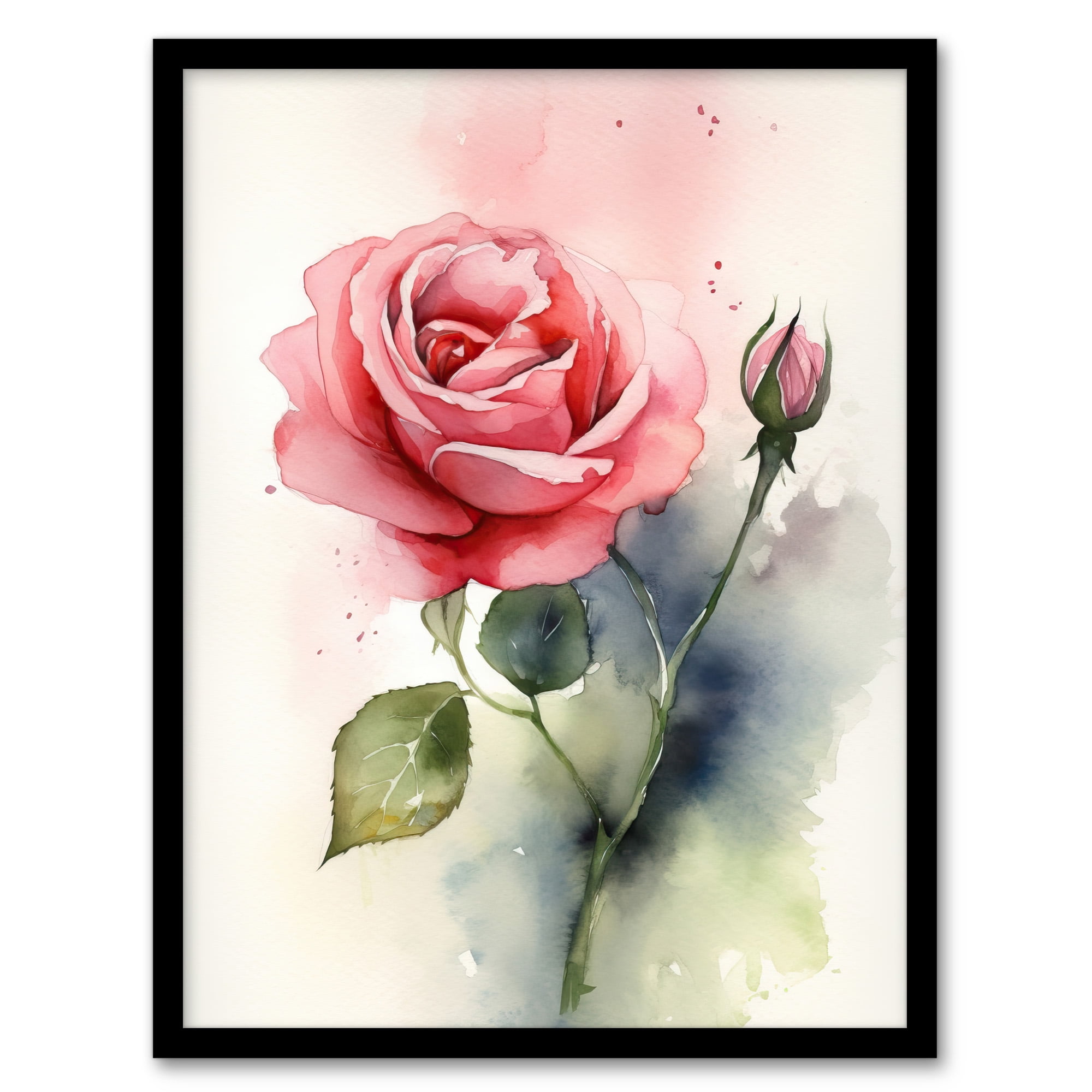 Soft Watercolour Roses Rose Bloom Flower Soft Watercolour Painting Green Pink Single Bloom ...