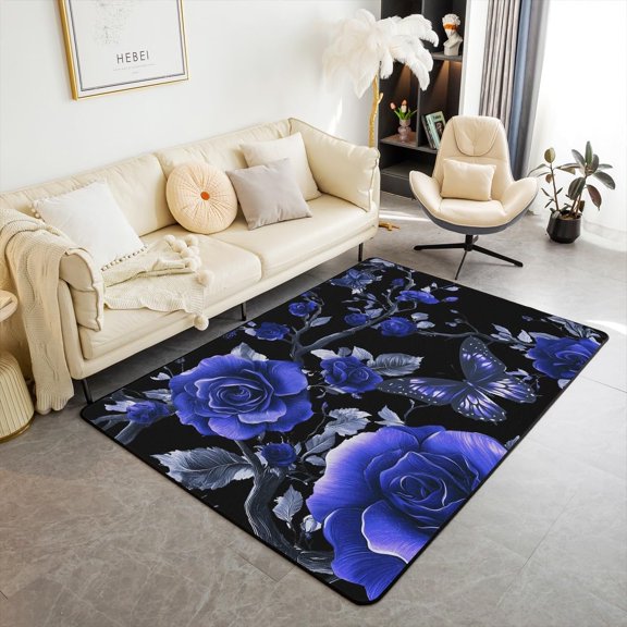 Rose Blue Area Rug ,Gothic Butterfly Non Slip Carpet For Kids Girls Adults,Rustic Farmhouse Botanical Floral Decor Rug For Living Room Bedroom Playroom Backyard 4x6ft