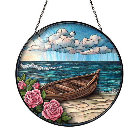 Rose Boat Ocean View Stained Glass Window Hanging, Coastal Art Gift