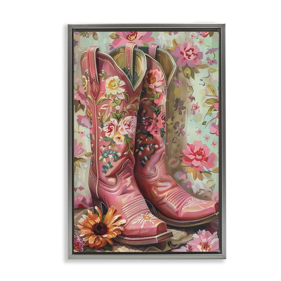 Stupell Industries Rose Boots Pink Cowgirl Gray Framed Floater Canvas Wall Art, design by LSR Design Studio