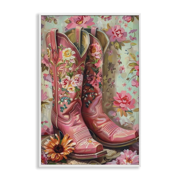 Stupell Industries Rose Boots Pink Cowgirl White Framed Giclee Art, design by LSR Design Studio